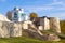 Sunny October day at the walls of the Izborsk fortress. Pskov Region, Russia