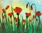 Sunny orange summer sky with poppy background oil painting