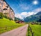 Sunny outdoor scene of Swiss Alps, Bernese Oberland in the canton of Bern, Switzerland, Europe. Wonderful summer view of waterfall