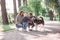 Sunny pictures of a happy married couple with a dog and a child