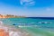 Sunny resort beach with palm tree at the coast shore of Red Sea in Sharm el Sheikh, Sinai, Egypt, Asia in summer hot. Bright sunny