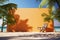 Sunny retreat 3D rendering highlights orange wooden wall, palm trees, and sandy shore