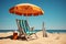 Sunny retreat Beach chair and umbrella against blue sky backdrop