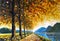 Sunny road alley near the lake oil painting, blue mountains and autumn tall trees illustration