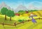 Sunny rural landscape with hills, trees, mountains and fields. Vector illustration of beautiful autumn summer landscape