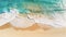 Sunny sandy beach aerial drone photo. Top view beautiful landscape travel poster promo flyer. Sea marine water turquoise