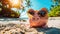 Sunny Savings: Piggy Bank Soaking Up the Sun on Beach Holiday with Cool Shades