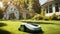 Sunny scene featuring a robotic lawn mower in .