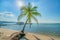 Sunny seascape with tropical palms on beautiful sandy beach in Phu Quoc island, Vietnam