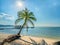 Sunny seascape with tropical palms on beautiful sandy beach in Phu Quoc island, Vietnam