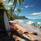 Sunny shoreline, Palm-fringed beach, surfboards, red ball an illustrated coastal paradise