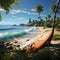 Sunny shoreline, Palm-fringed beach, surfboards, red ball an illustrated coastal paradise