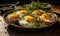 Sunny-side up eggs in a cast iron skillet with halved cherry tomatoes and chives, a rustic breakfast setup on a wooden table