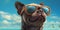 Sunny Side Up Smiling Brussels Griffon Dog Wearing Sunglasses Enjoys Beach Fun. Generative AI
