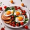 Sunny side up, whole fried eggs with yolk, breakfast meal