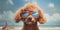 Sunny Smiles Poodle Dog with a Playful Expression Enjoys the Beach in Stylish Sunglasses. Generative AI