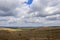 Sunny spring landscape yellow fields with black faded spots, blue cloudy sky fields. Russia countryside rural landscape