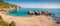 Sunny spring panorama of the Little Xigia beach. Beautiful morning view of Ionian Sea, Zakynthos island, Greece, Europe. Beauty of