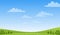 Sunny spring or summer landscape, meadows, sky with clouds, place for text. Green farm banner, concept of caring for