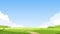 Sunny spring or summer landscape, road, meadows, sky with clouds. Green farm banner, concept of caring for nature and ecology.
