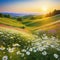 sunny spring summer Natural colorful panoramic landscape with many wild flowers and blue