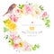 Sunny spring vector design round frame with robin bird