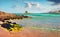 Sunny spring view of Spiaggia della Pelosa beach with Torre della Pelosa tower. Amazing morning view of Sardinia island, Italy, Eu