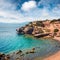 Sunny spring view of West Court of Heraion of Perachora, Limni Vouliagmenis location. Colorful morning seascape of Aegean sea,