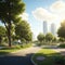 Sunny Street View of Eco City Park: A Green Oasis Amidst Urban Splendor. AI Generated