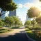 Sunny Street View of Eco City Park: A Green Oasis Amidst Urban Splendor. AI Generated