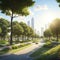 Sunny Street View of Eco City Park: A Green Oasis Amidst Urban Splendor. AI Generated