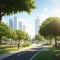 Sunny Street View of Eco City Park: A Green Oasis Amidst Urban Splendor. AI Generated