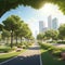 Sunny Street View of Eco City Park: A Green Oasis Amidst Urban Splendor. AI Generated