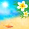 Sunny summer beach with shell and flowers