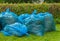 On a sunny summer day in the city park there are bags of garbage