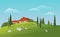 Sunny summer landscape with green hill, old houses, cypress trees and sheeps