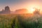 Sunny summer morning. Beautiful meadow with mist. Path in field