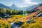 Sunny summer scene of Grindjisee lake. Beautiful morning view of Matterhorn Monte Cervino, Mont Cervin peak, Swiss Alps, Zermatt