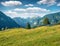 Sunny summer scene of in Triglav national park. Amazing morning view of Julian Alps, Bohinj lake lokation, Slovenia, Europe.