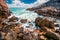 Sunny summer seascape of Aegean Sea. Beautiful marine landscape of Cuba Beach, Olimpiada village location, Greeace, Europe.