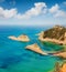 Sunny summer view of Cape Drastis thematic park. Fantastic morning seascape of Ionian sea. Nice outdoor scene of Corfu island, Gre