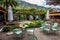 Sunny terrace with chairs and a lot o flowers,Canary Islands