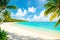 Sunny tropical paradise beach with palm and rainbow made with Generative AI