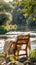 sunny weather as you immerse yourself in the tranquil beauty of Russian nature by the river, with a wooden chair adorned