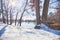 Sunny winter day on the Charles River with snow