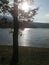 Sunny winter tranquility day on a lake shore