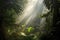 sunrays filtering through misty jungle foliage