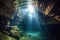 sunrays penetrating through cave entrance underwater