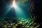 sunrays penetrating through cave entrance underwater