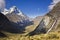 Sunrise above mountain Huascaran in Peru with waterfall